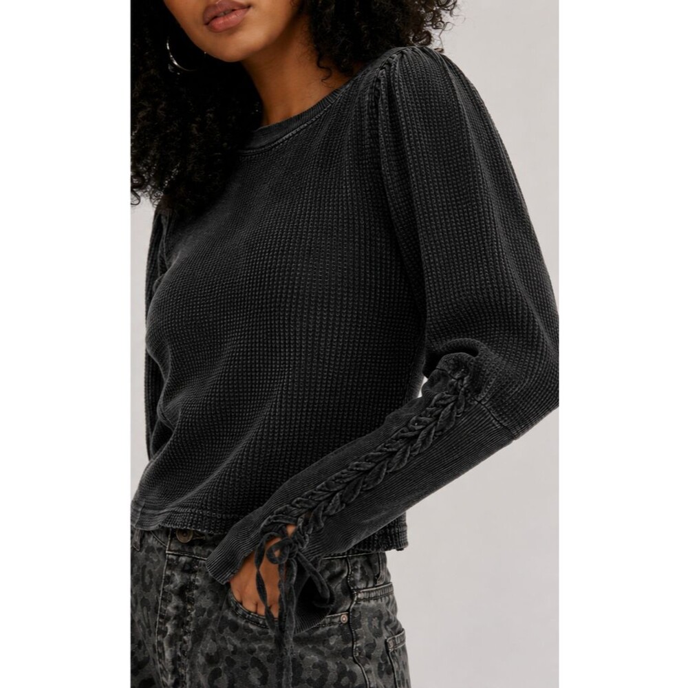 Free People FP One Tasha Lace Up Sleeves Thermal Black XL Shirt, boho grunge - Picture 3 of 11